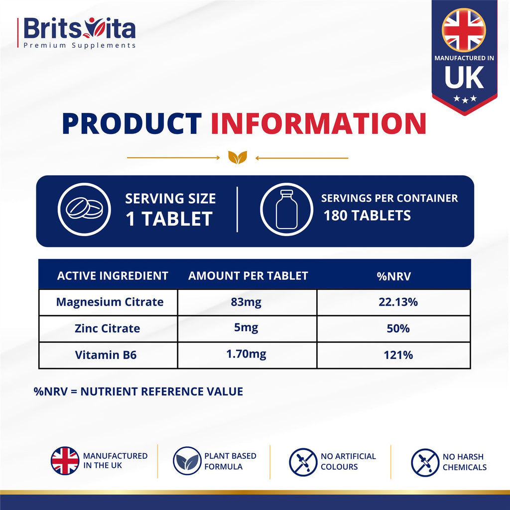 Brits Vita ZMA 180 Tablets Zinc Magnesium Vitamin B6 Testosterone Booster - Vegan UK