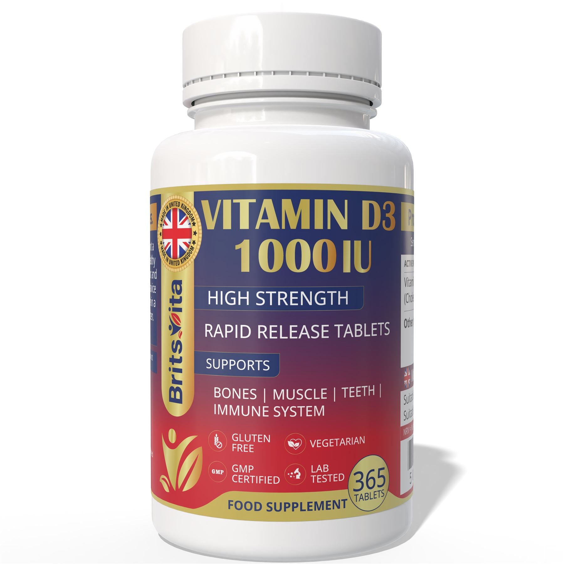 Brits Vita Vitamin D3 - 365 Tablets - 1000IU Teeth, Bone & Muscle health, Vit D