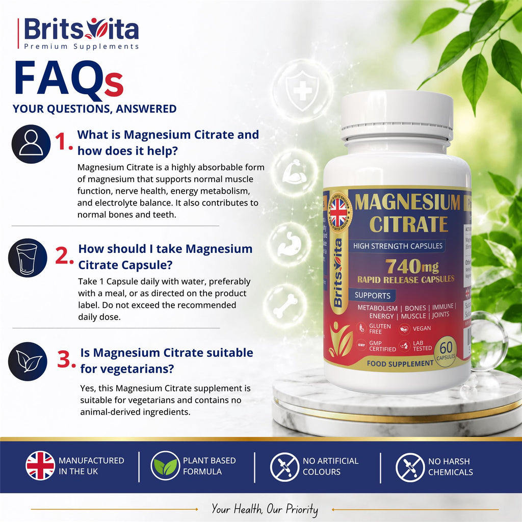 Brits Vita Magnesium Citrate 740mg 60 Capsules Super Strong Effective Vegan - UK