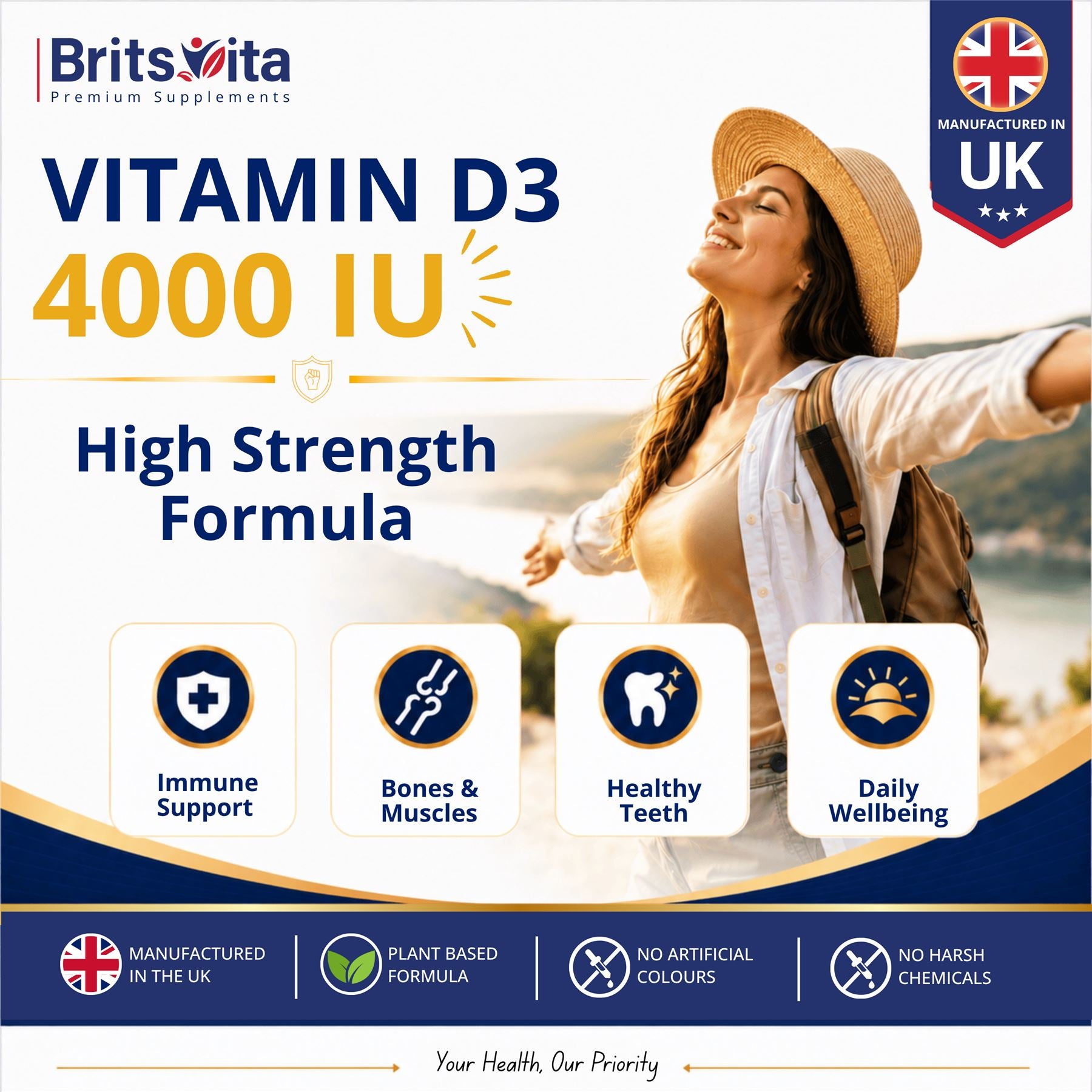 Brits Vita Vitamin D3 - 365 Tablets - 4000IU Teeth, Bone & Muscle health, Vit D