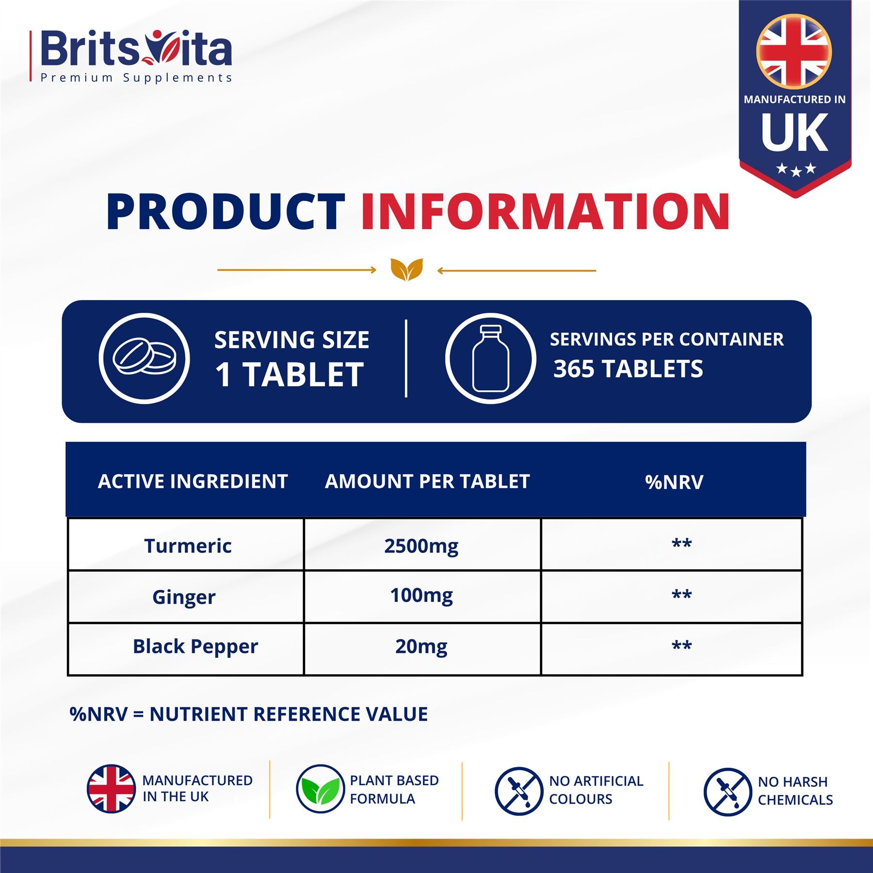 Brits Vita Turmeric Tablets with Ginger & Black Pepper 365 Tablets Vegan UK Made