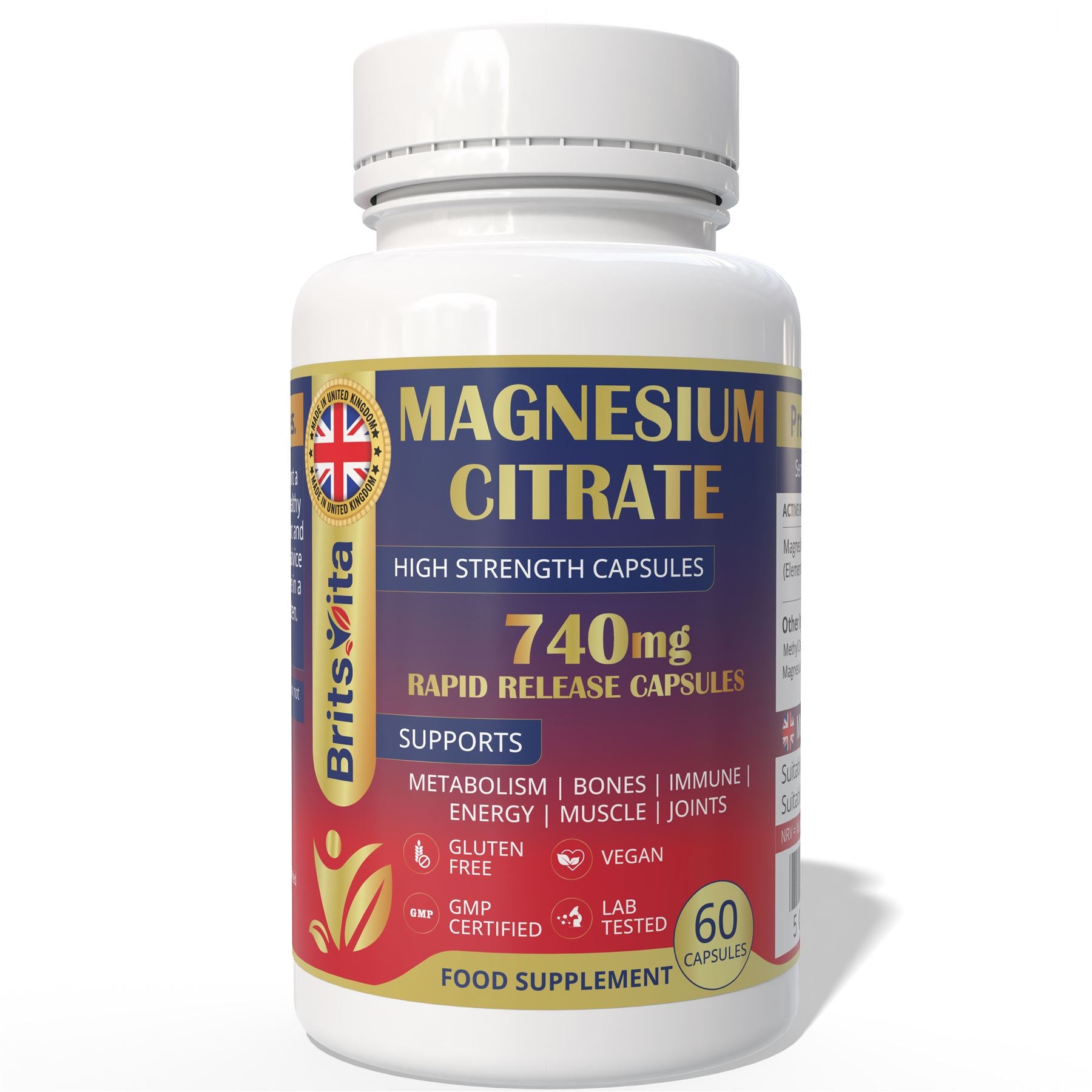 Brits Vita Magnesium Citrate 740mg 60 Capsules Super Strong Effective Vegan - UK