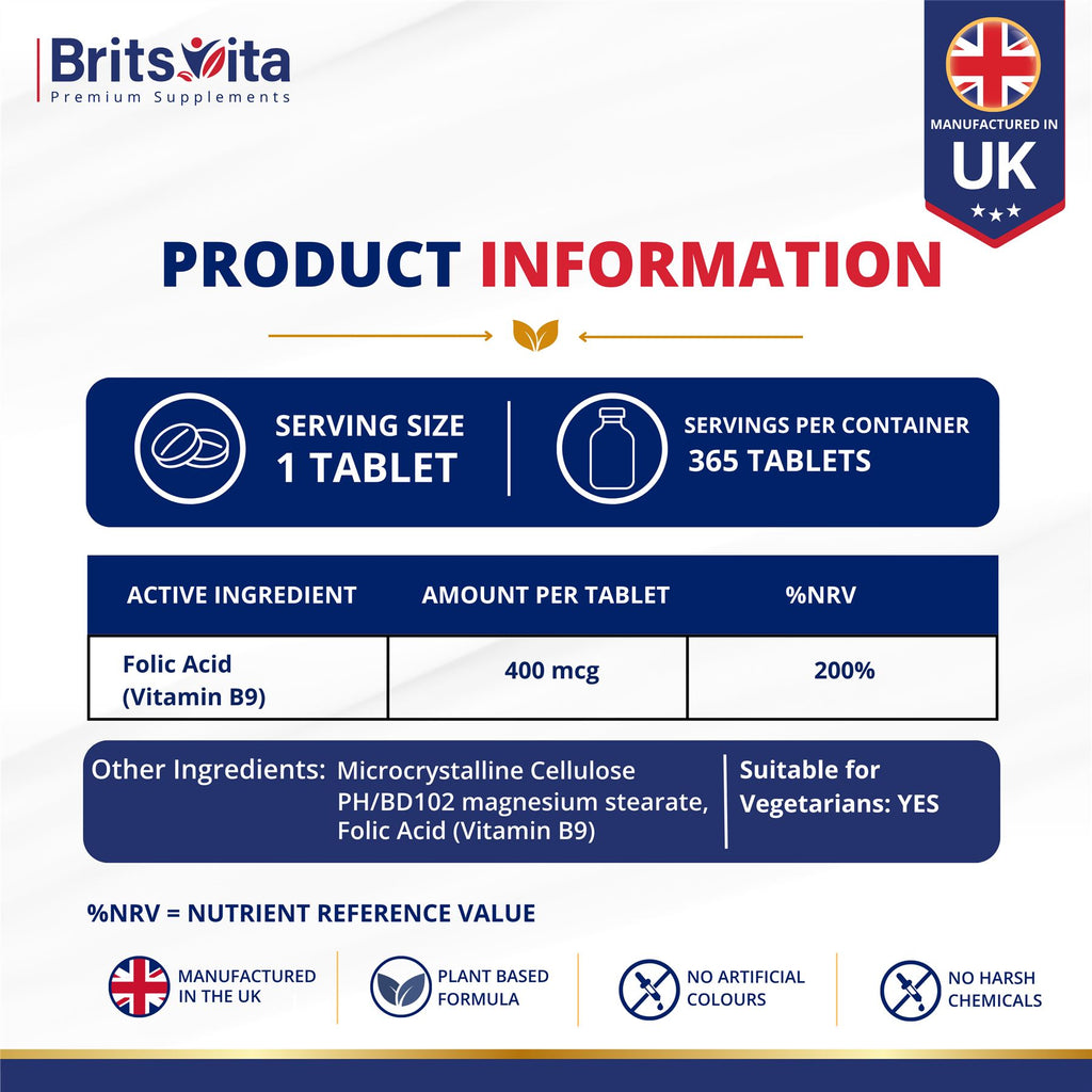 Brits Vita Folic Acid 400mcg 365 Tablets Healthy Pregnancy Support (Vit. B9)