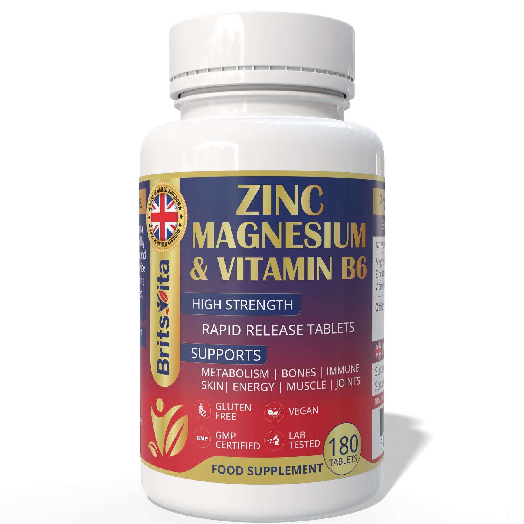 Brits Vita ZMA 180 Tablets Zinc Magnesium Vitamin B6 Testosterone Booster - Vegan UK