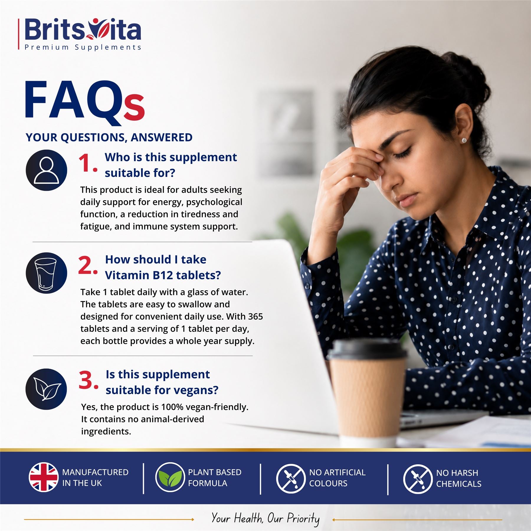 Brits Vita Vitamin B12 Tablets High Strength - 365 Tablets - 1000mcg Dual Power Vit B12