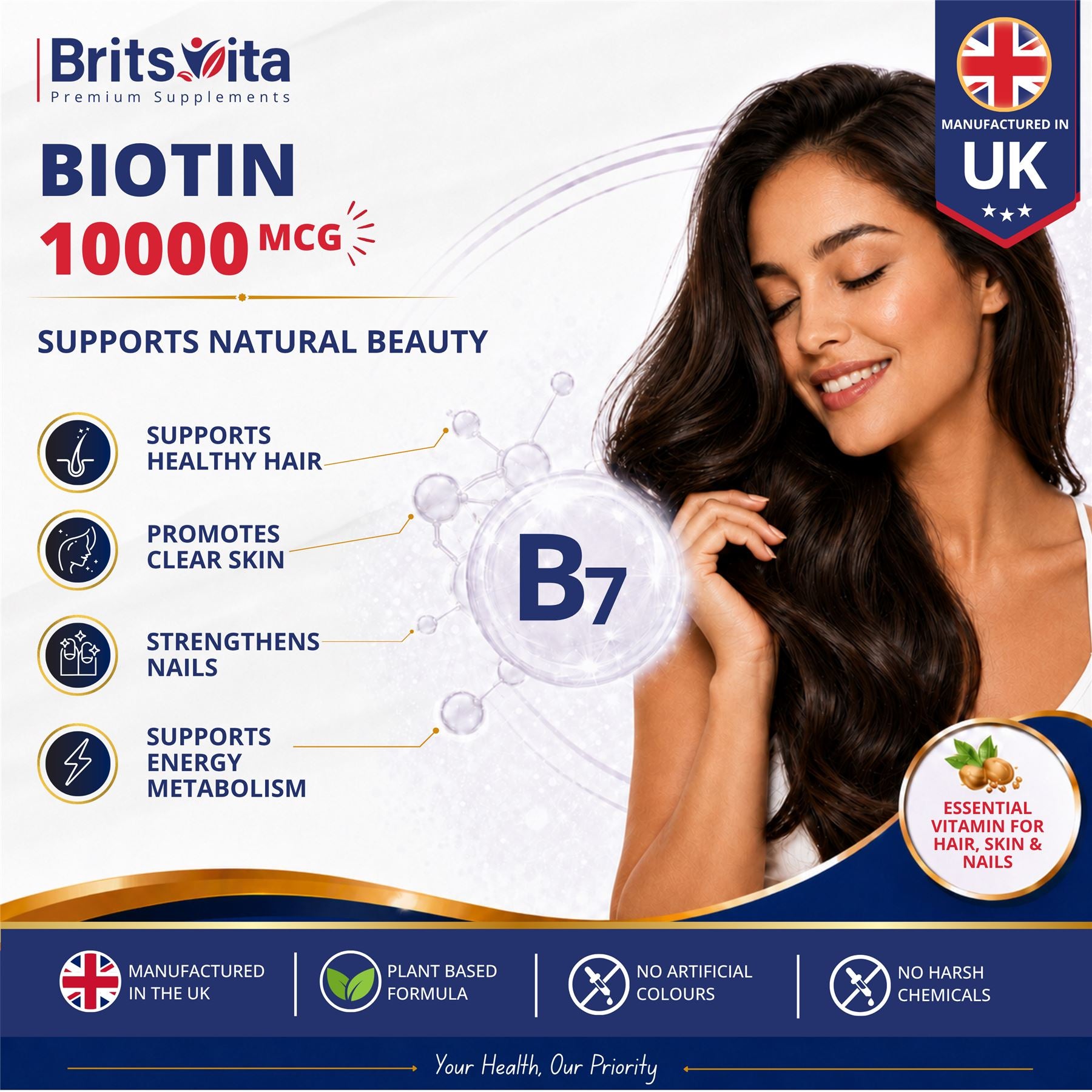 Brits Vita Biotin 10,000mcg 365 High Strength Tablets Vegan Hair Skin Vitamin B7