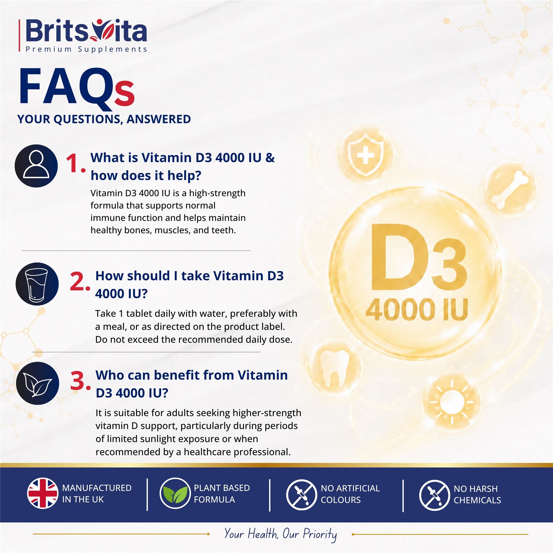 Brits Vita Vitamin D3 - 365 Tablets - 4000IU Teeth, Bone & Muscle health, Vit D
