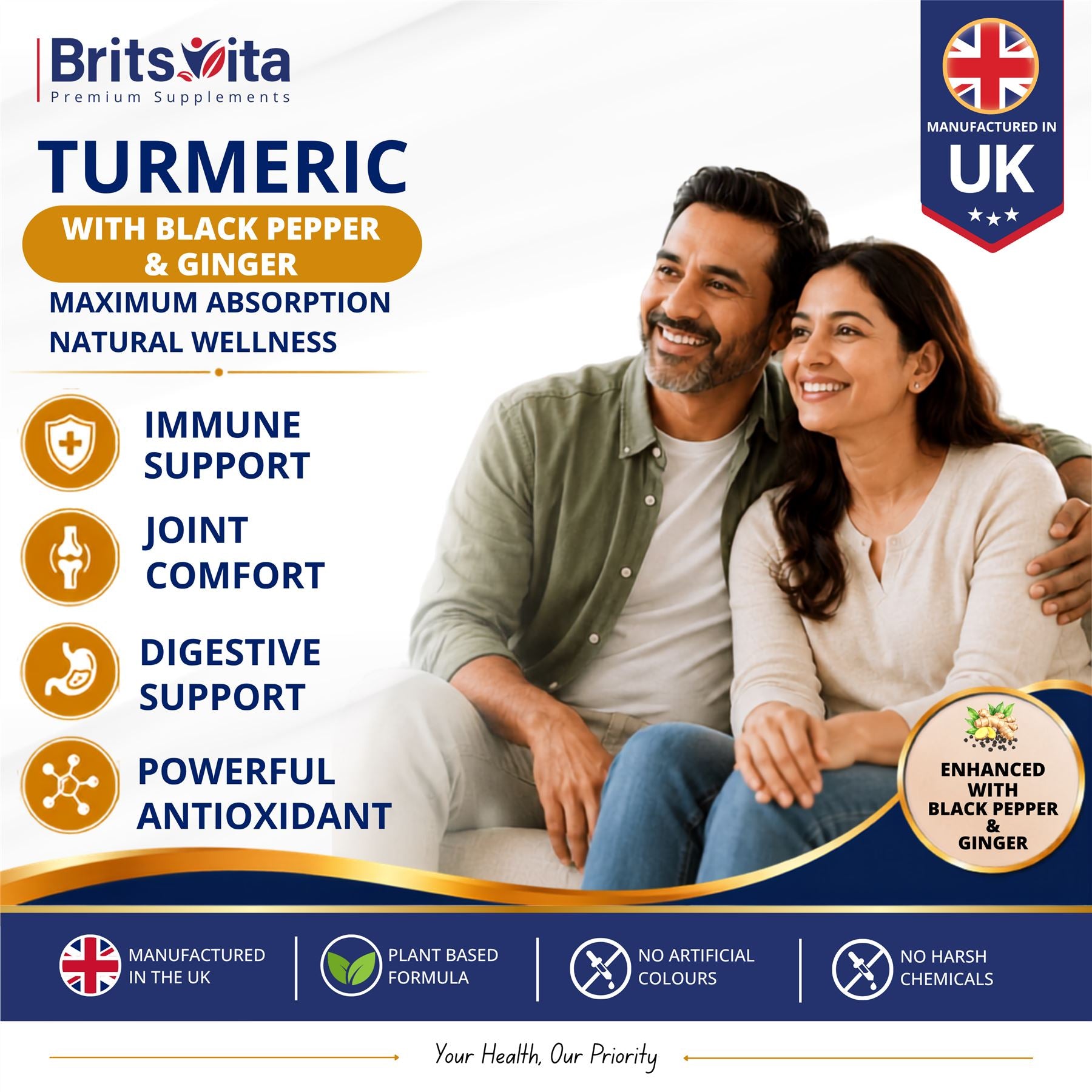 Brits Vita Turmeric Tablets with Ginger & Black Pepper 365 Tablets Vegan UK Made