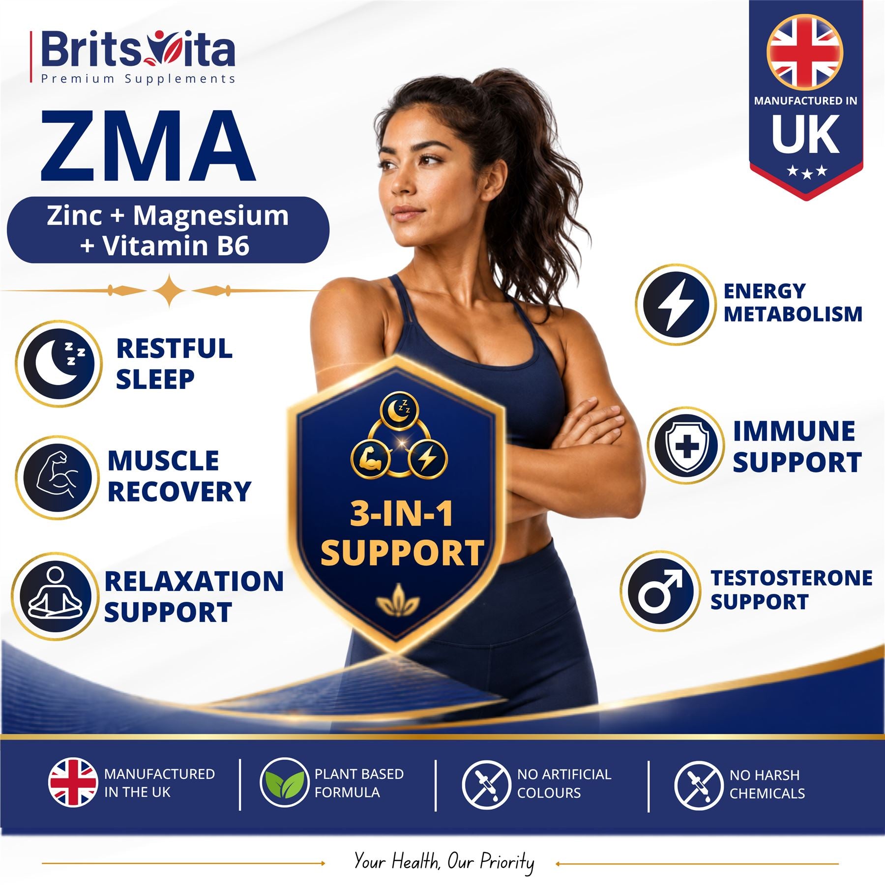 Brits Vita ZMA 180 Tablets Zinc Magnesium Vitamin B6 Testosterone Booster - Vegan UK