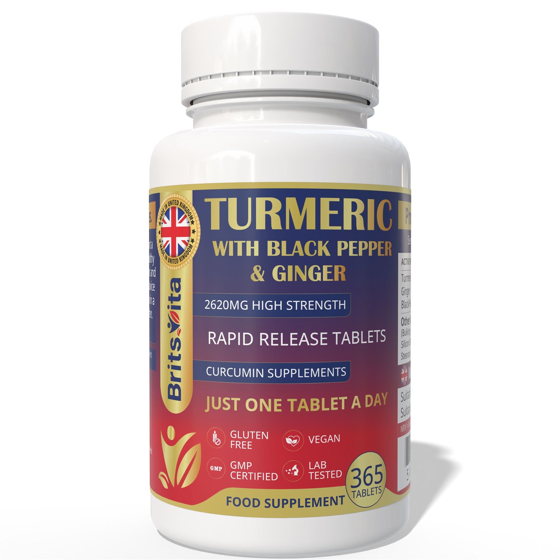 Brits Vita Turmeric Tablets with Ginger & Black Pepper 365 Tablets Vegan UK Made