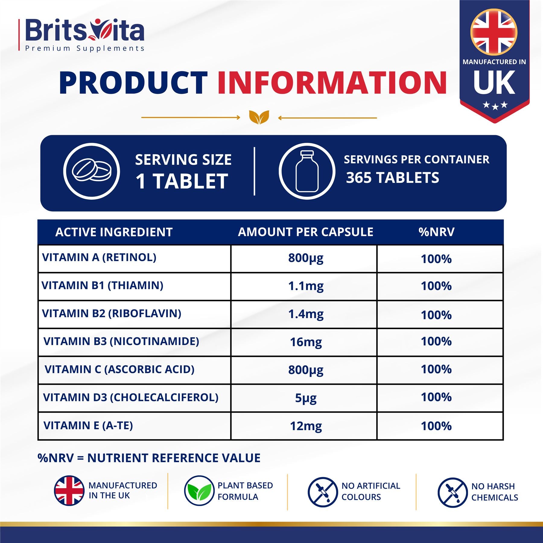Brits Vita Daily Multi Vitamins 365 Tablets A-Z Essential Multivitamins Tablets