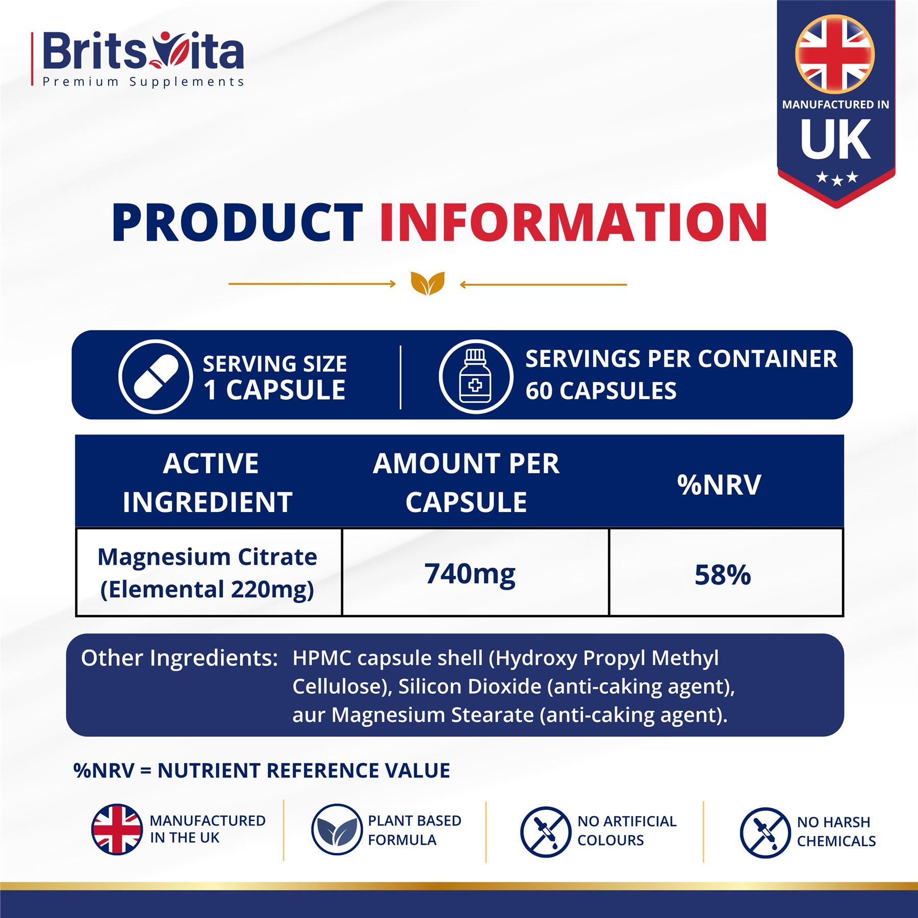 Brits Vita Magnesium Citrate 740mg 60 Capsules Super Strong Effective Vegan - UK