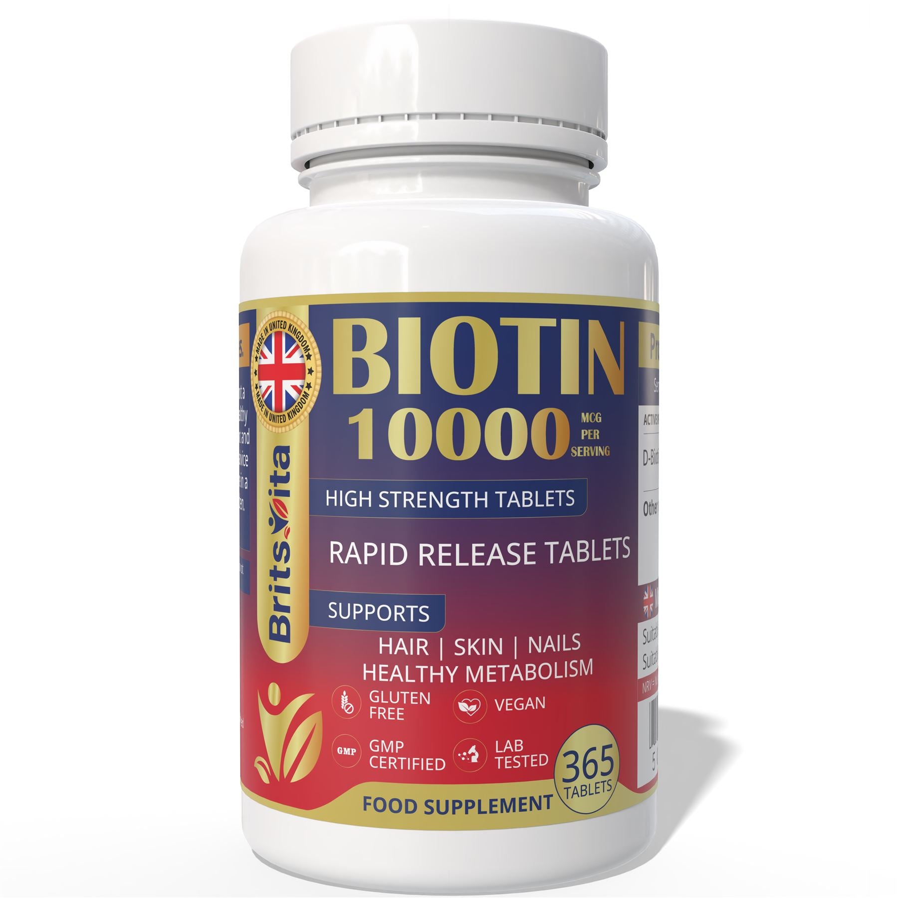 Brits Vita Biotin 10,000mcg 365 High Strength Tablets Vegan Hair Skin Vitamin B7