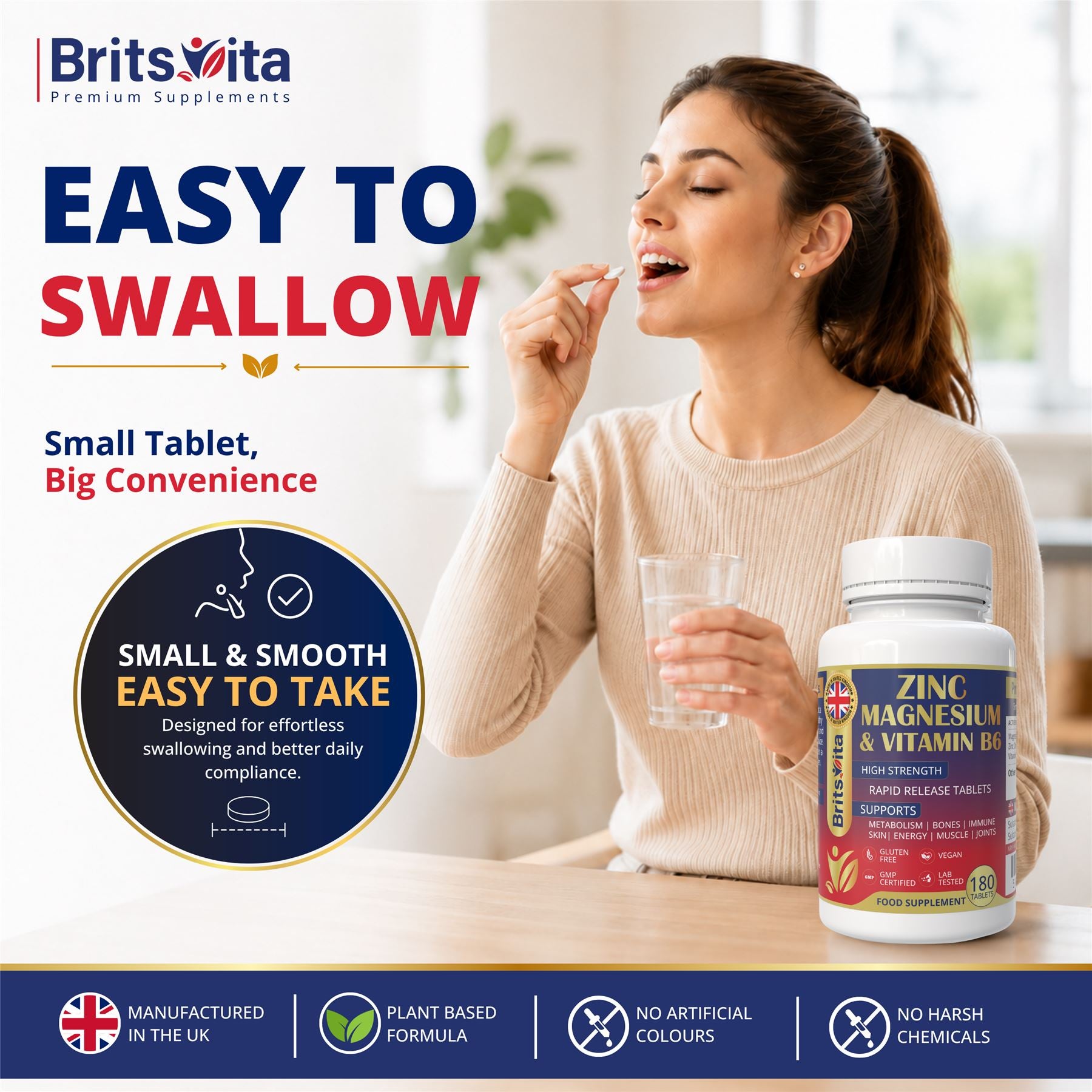 Brits Vita ZMA 180 Tablets Zinc Magnesium Vitamin B6 Testosterone Booster - Vegan UK