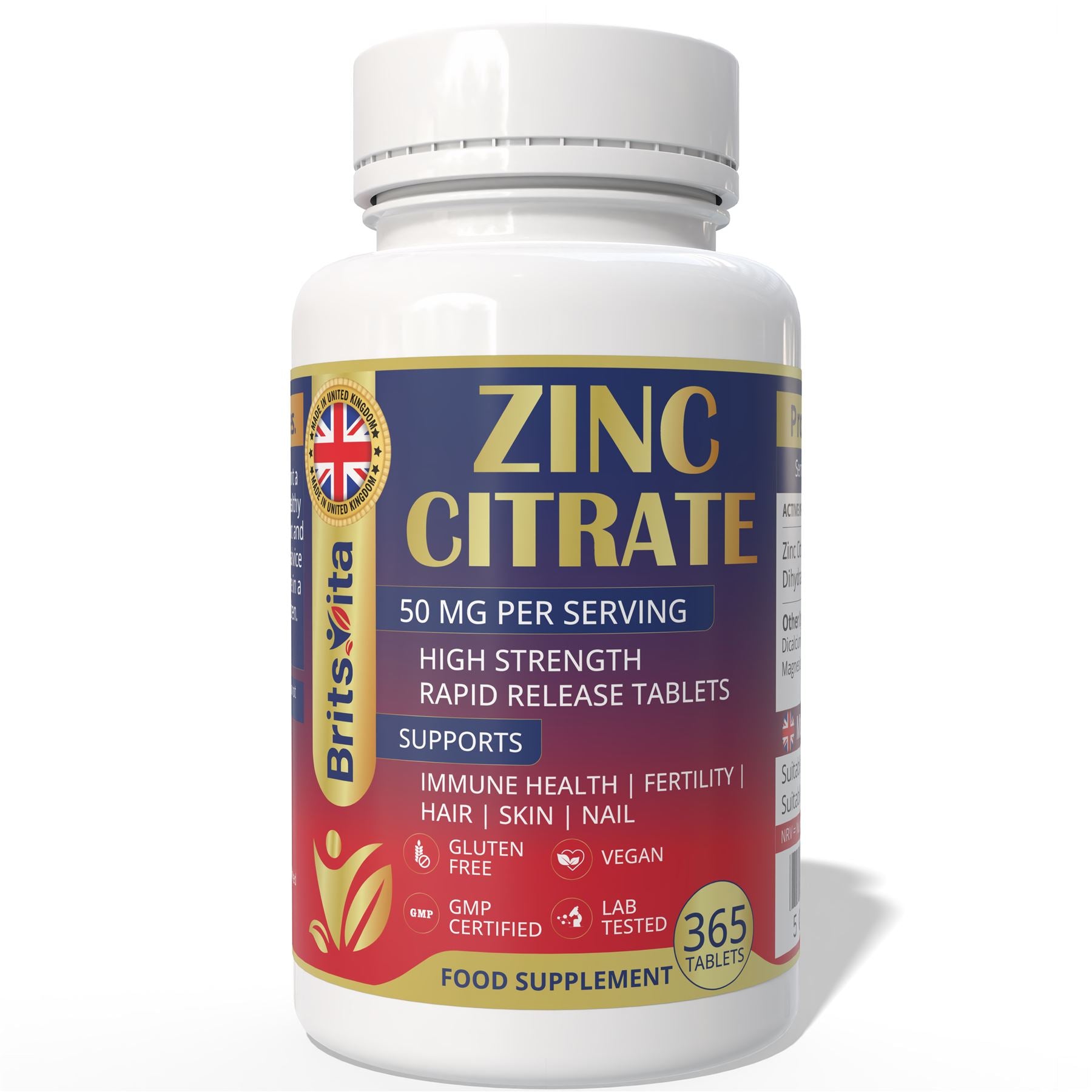 Brits Vita Zinc Citrate 500mg 365 Tablets Max Strength Immune Function Vegan UK