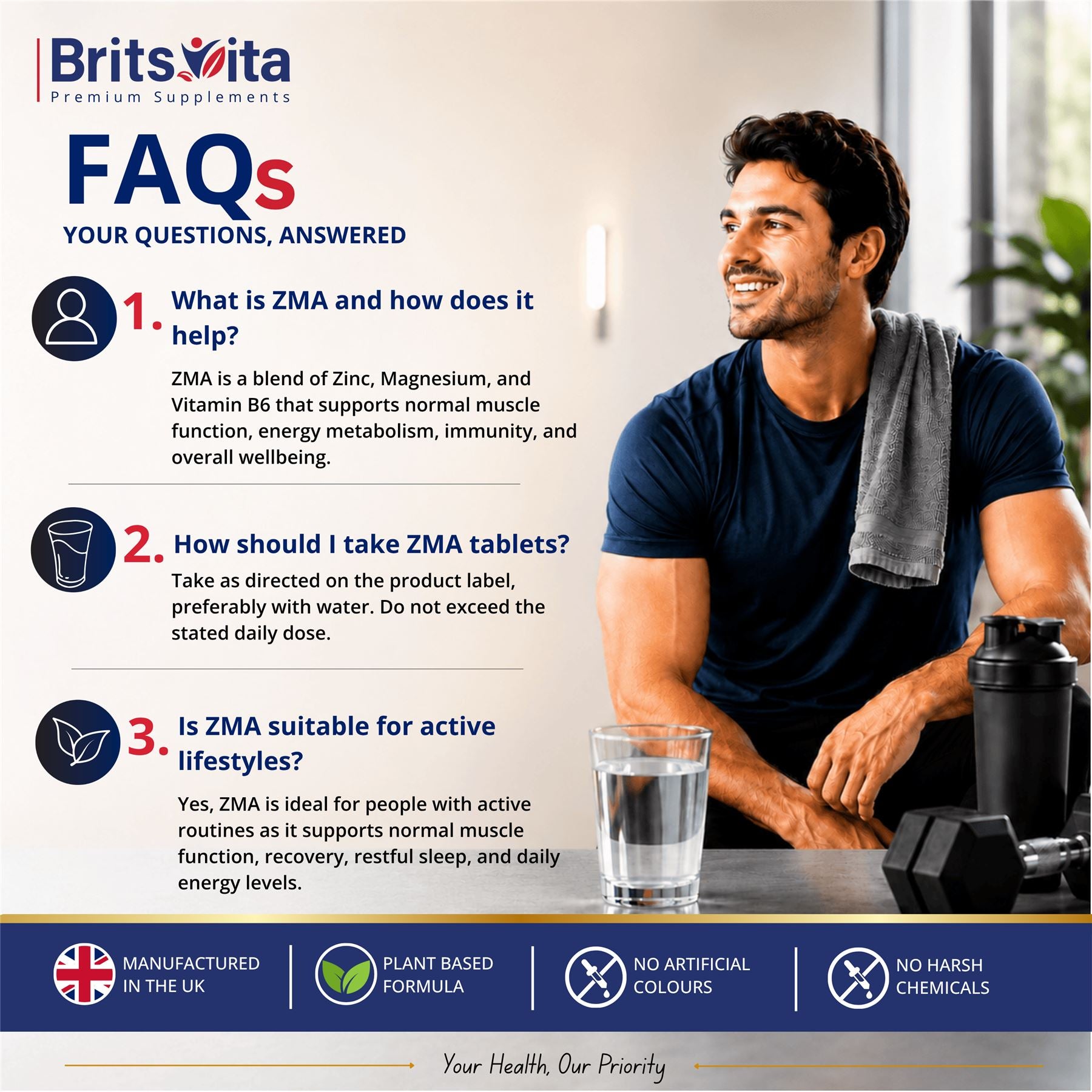 Brits Vita ZMA 180 Tablets Zinc Magnesium Vitamin B6 Testosterone Booster - Vegan UK