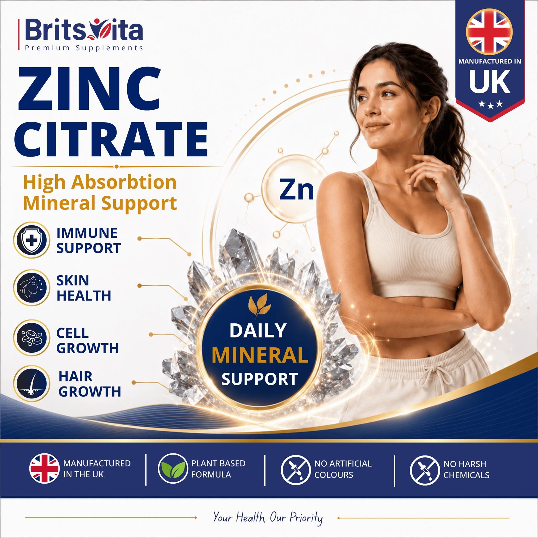 Brits Vita Zinc Citrate 500mg 365 Tablets Max Strength Immune Function Vegan UK