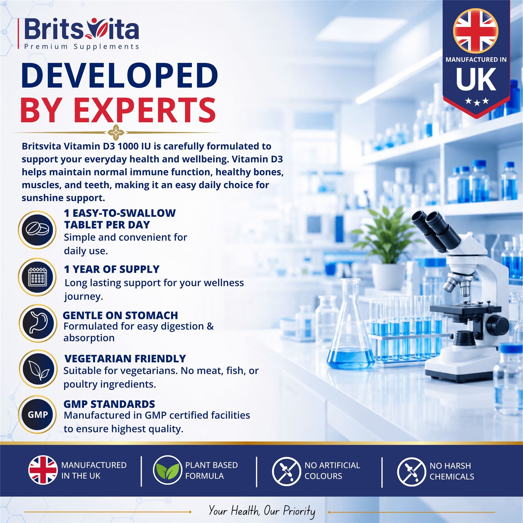 Brits Vita Vitamin D3 - 365 Tablets - 1000IU Teeth, Bone & Muscle health, Vit D