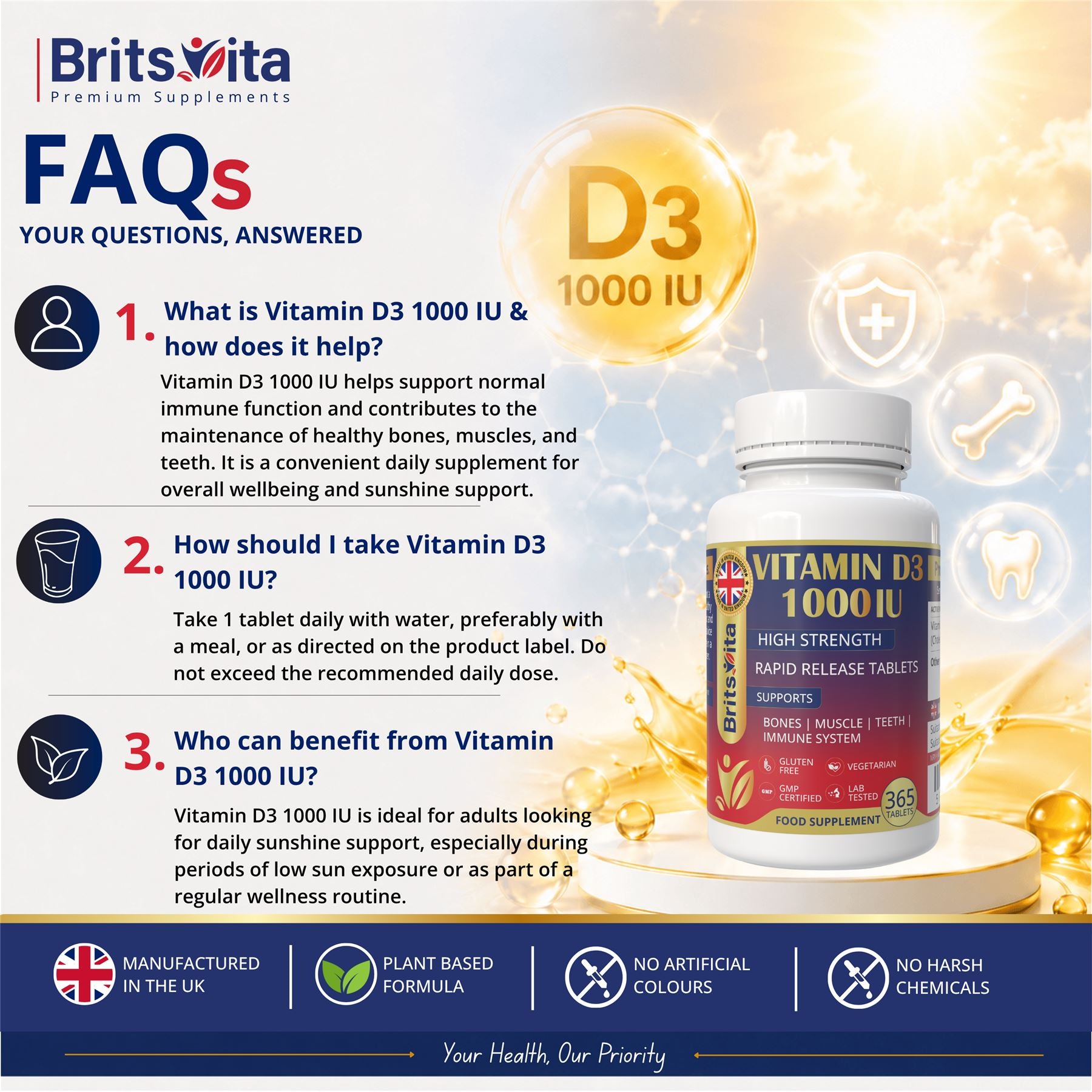 Brits Vita Vitamin D3 - 365 Tablets - 1000IU Teeth, Bone & Muscle health, Vit D