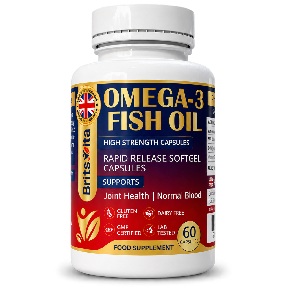 Brits Vita Omega 3 Fish Oil 1000mg, 60 Softgels, for Heart, Brain & Vision