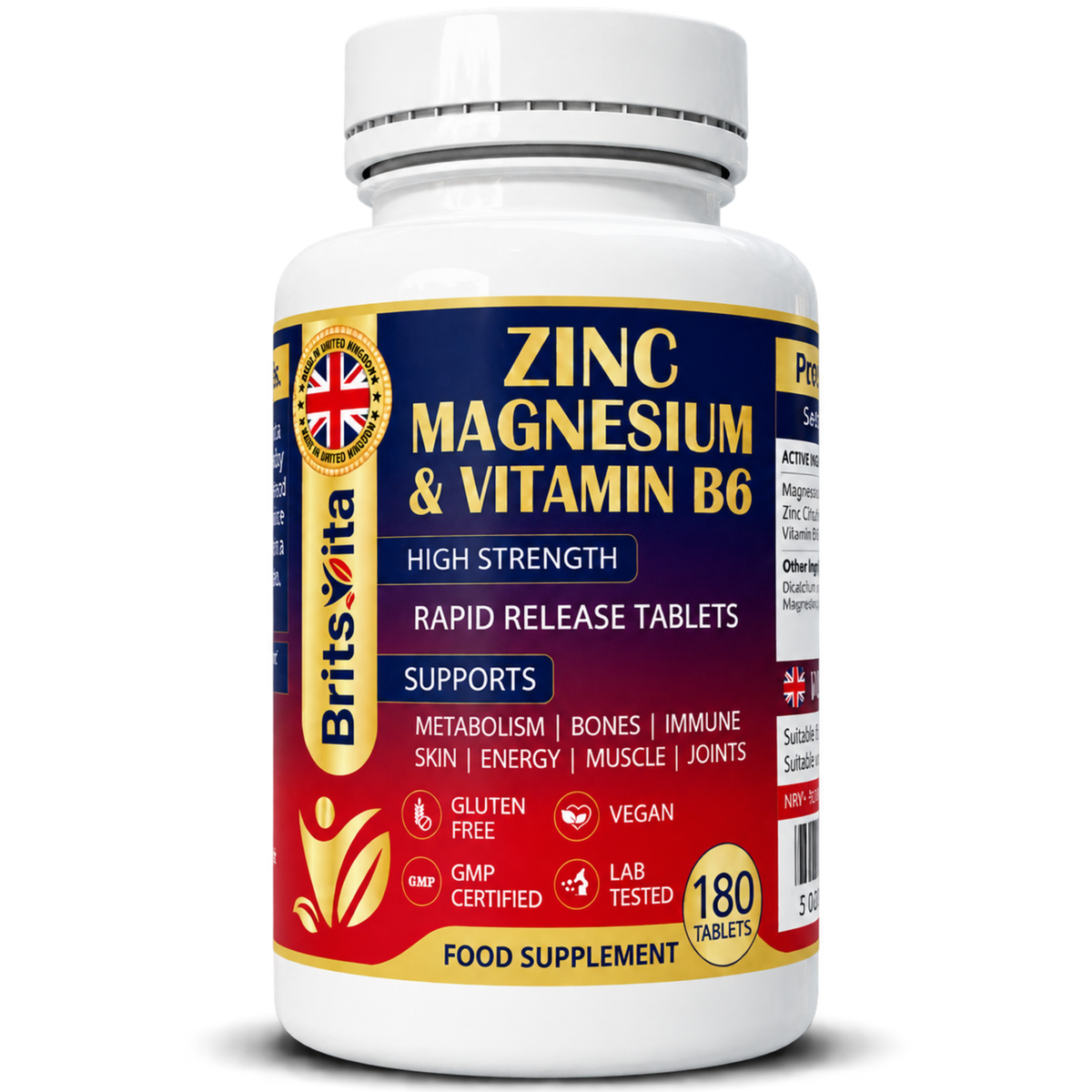 Brits Vita ZMA 180 Tablets Zinc Magnesium Vitamin B6 Testosterone Booster - Vegan UK