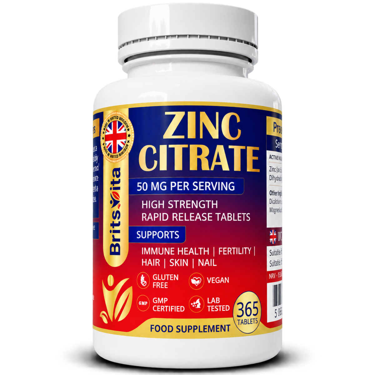 Brits Vita Zinc Citrate 500mg 365 Tablets Max Strength Immune Function Vegan UK