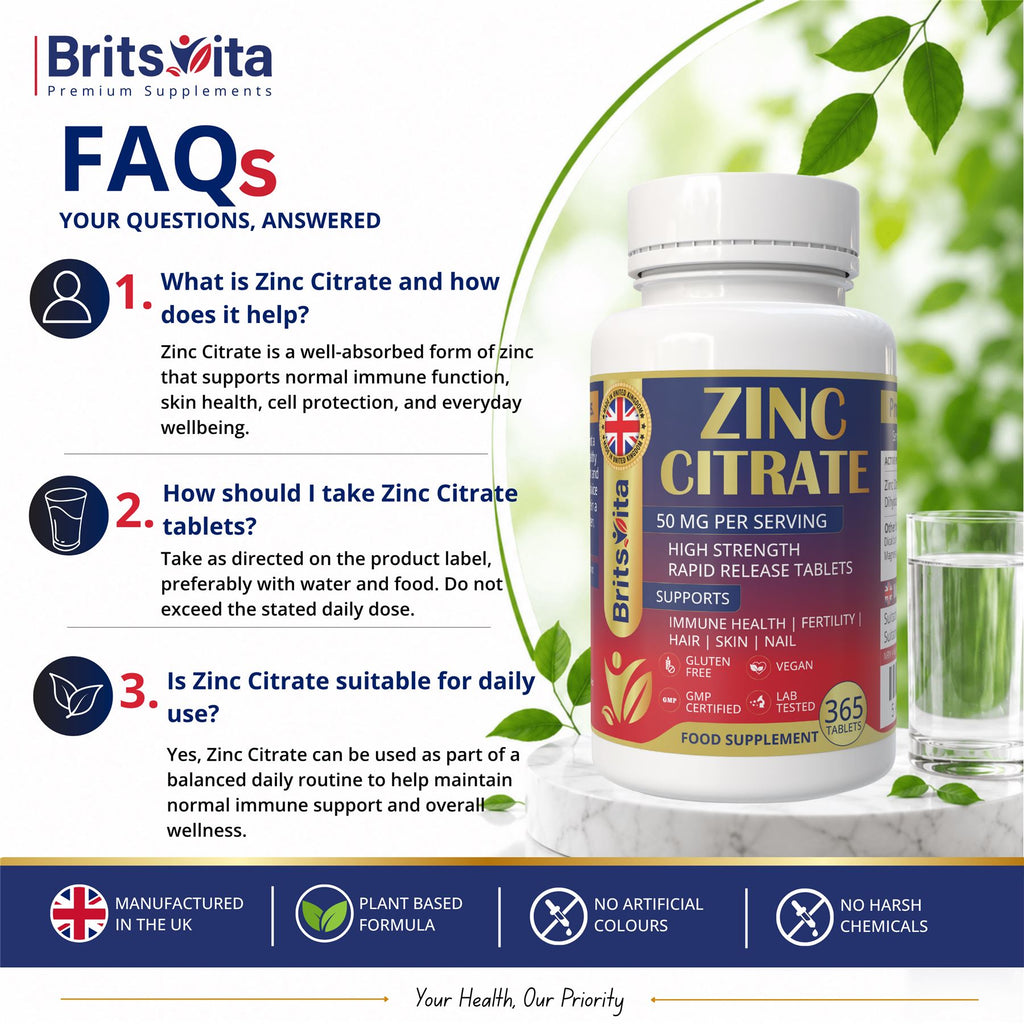 Brits Vita Zinc Citrate 500mg 365 Tablets Max Strength Immune Function Vegan UK