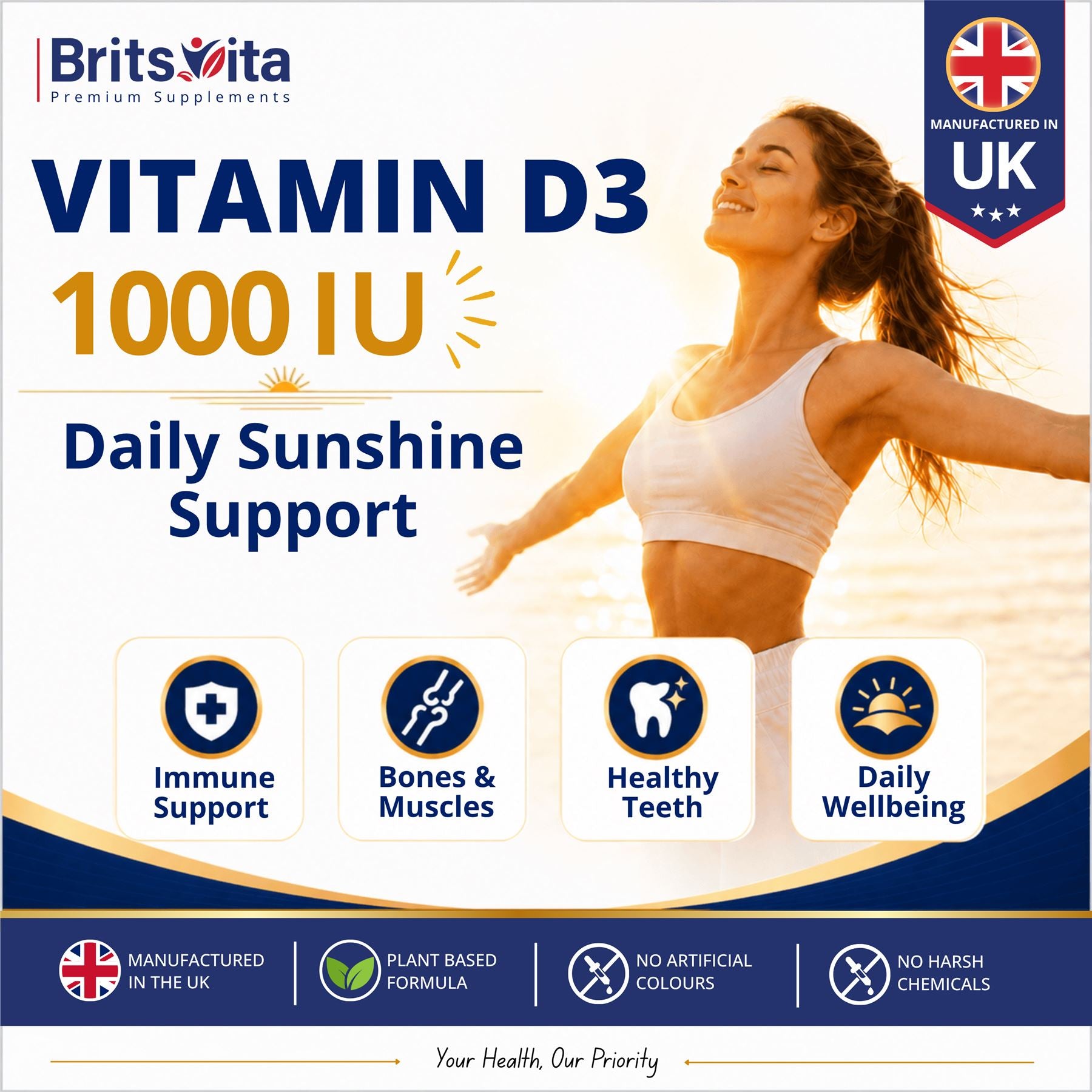 Brits Vita Vitamin D3 - 365 Tablets - 1000IU Teeth, Bone & Muscle health, Vit D