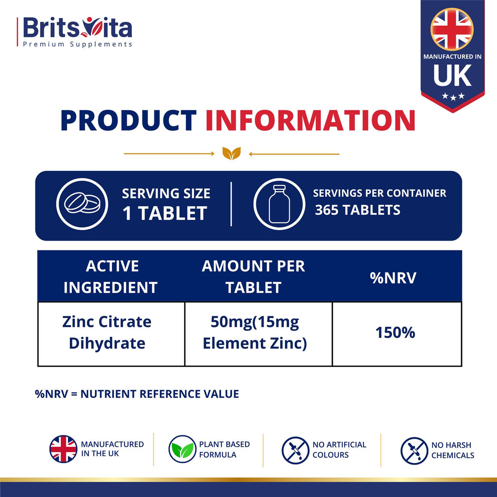 Brits Vita Zinc Citrate 500mg 365 Tablets Max Strength Immune Function Vegan UK