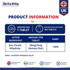 Brits Vita Zinc Citrate 500mg 365 Tablets Max Strength Immune Function Vegan UK