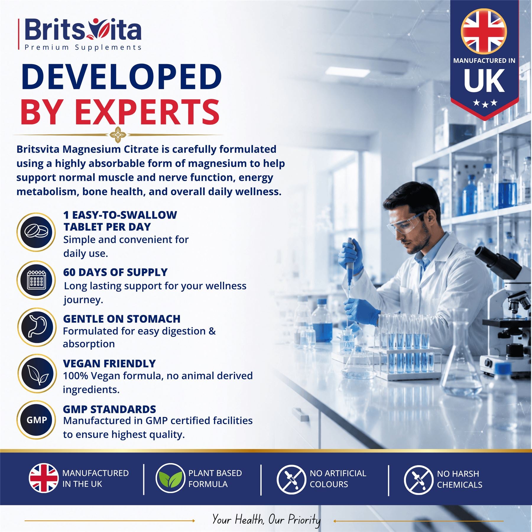 Brits Vita Magnesium Citrate 740mg 60 Capsules Super Strong Effective Vegan - UK
