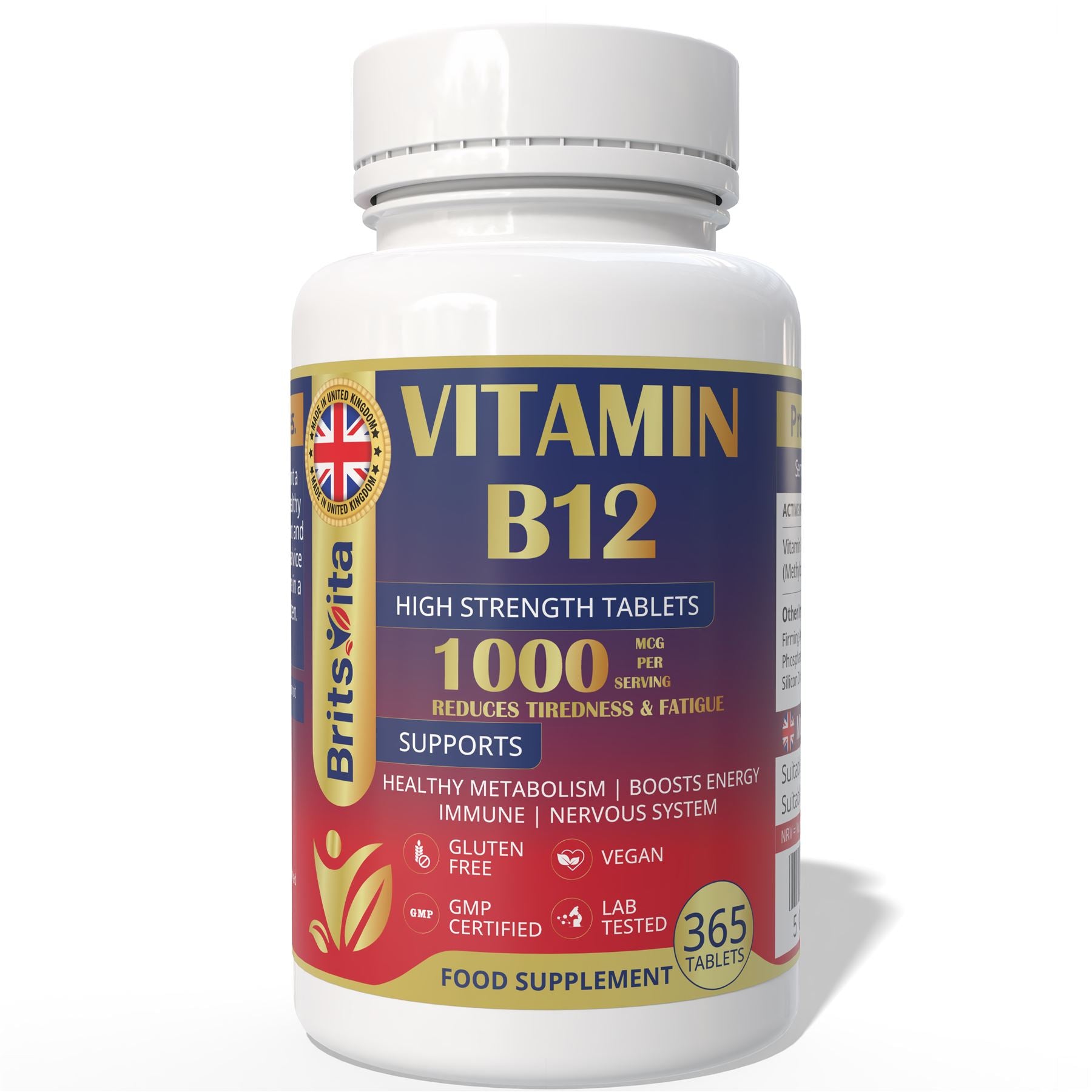 Brits Vita Vitamin B12 Tablets High Strength - 365 Tablets - 1000mcg Dual Power Vit B12