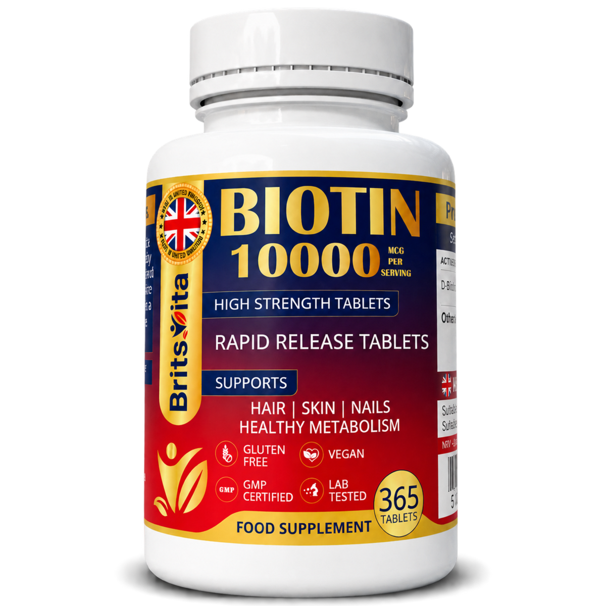 Brits Vita Biotin 10,000mcg 365 High Strength Tablets Vegan Hair Skin Vitamin B7