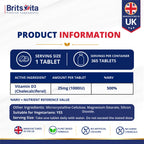 Brits Vita Vitamin D3 - 365 Tablets - 1000IU Teeth, Bone & Muscle health, Vit D