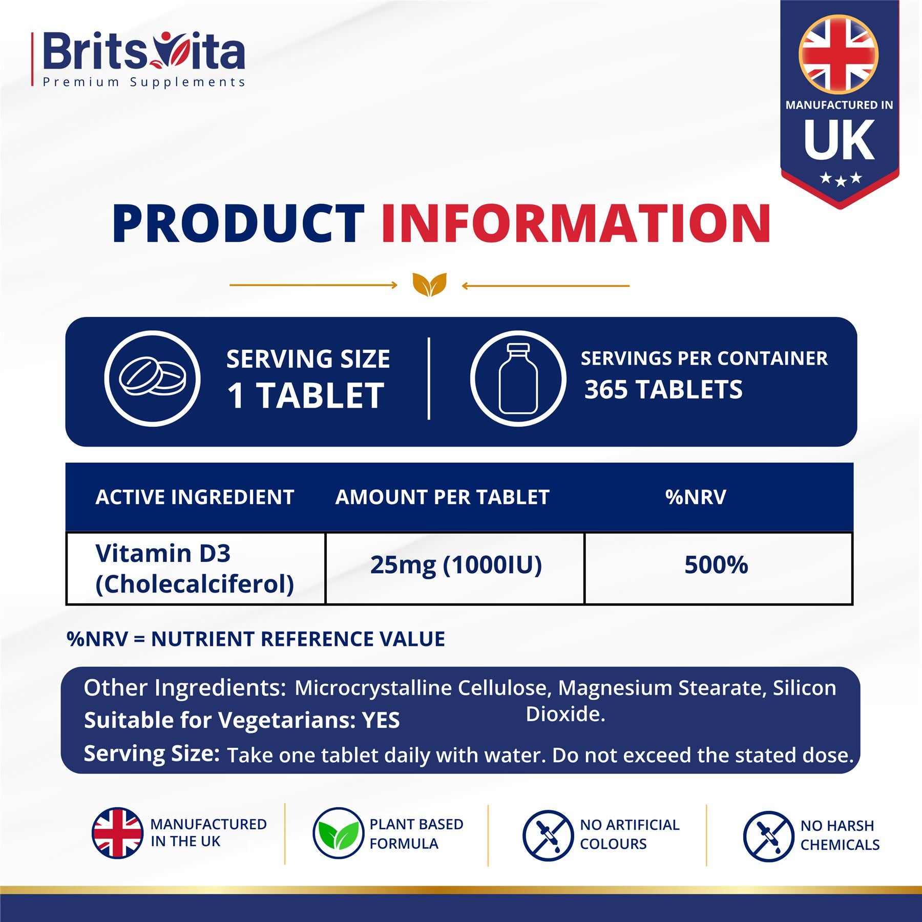Brits Vita Vitamin D3 - 365 Tablets - 1000IU Teeth, Bone & Muscle health, Vit D