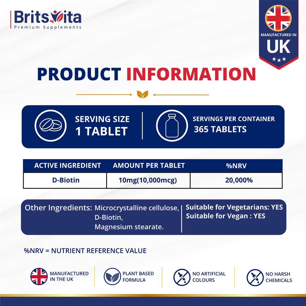 Brits Vita Biotin 10,000mcg 365 High Strength Tablets Vegan Hair Skin Vitamin B7