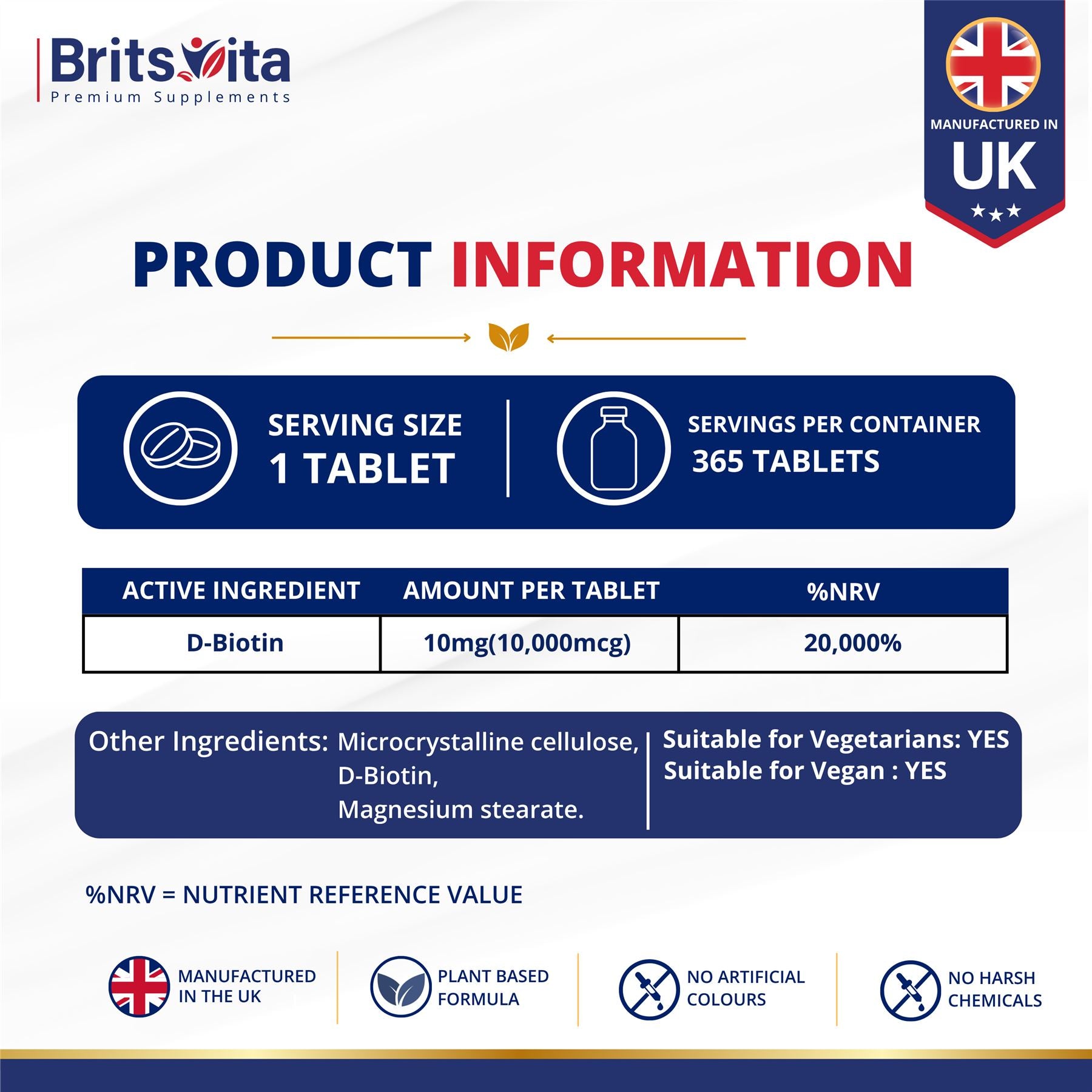 Brits Vita Biotin 10,000mcg 365 High Strength Tablets Vegan Hair Skin Vitamin B7