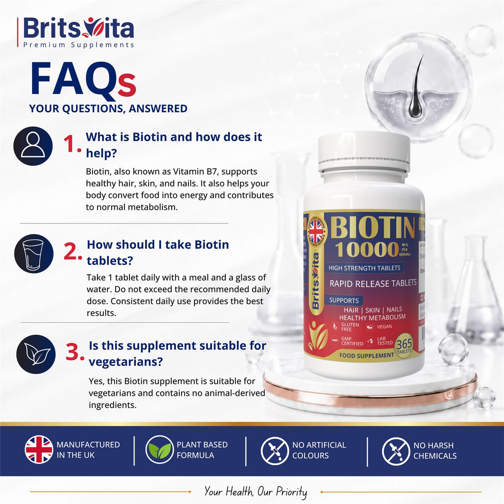 Brits Vita Biotin 10,000mcg 365 High Strength Tablets Vegan Hair Skin Vitamin B7